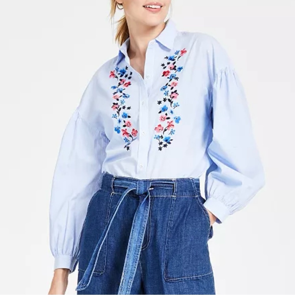 NWT Tommy Hilfiger blue Cotton Embroidered Striped Drop Shoulder Blouse. XL
